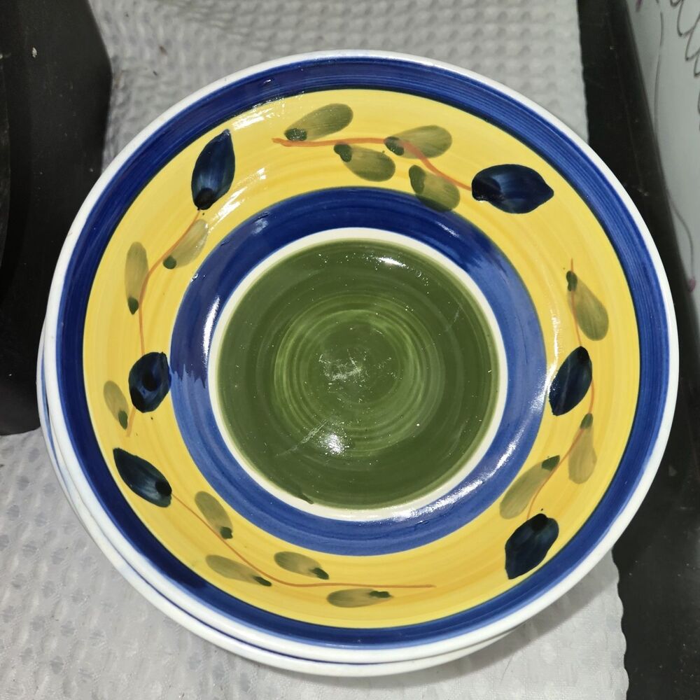 Alco Industries Hand Painted Pasta Bowl Yellow Blue Olive 8”